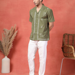 Men's Olive Green Color Embroidered Cotton Cubans Collar Shirt