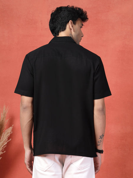Men's Black Color Embroidered Cotton Cubans Collar Shirt