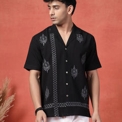 Men's Black Color Embroidered Cotton Cubans Collar Shirt