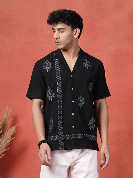 Men's Black Color Embroidered Cotton Cubans Collar Shirt
