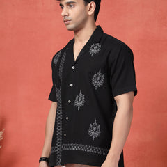 Men's Black Color Embroidered Cotton Cubans Collar Shirt