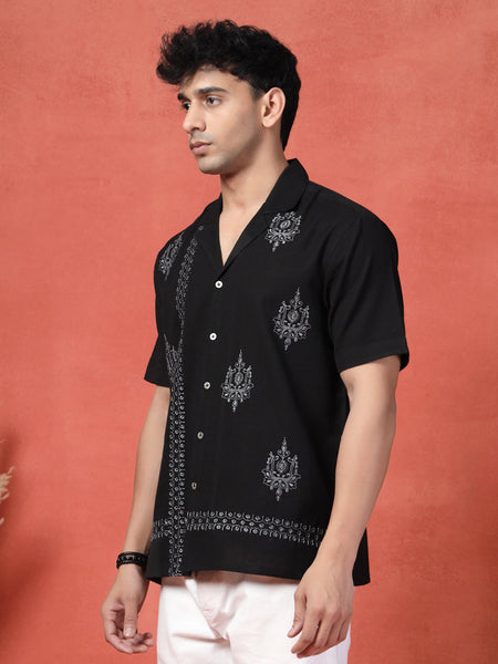 Men's Black Color Embroidered Cotton Cubans Collar Shirt
