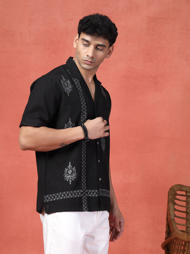 Men's Black Color Embroidered Cotton Cubans Collar Shirt
