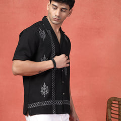 Men's Black Color Embroidered Cotton Cubans Collar Shirt