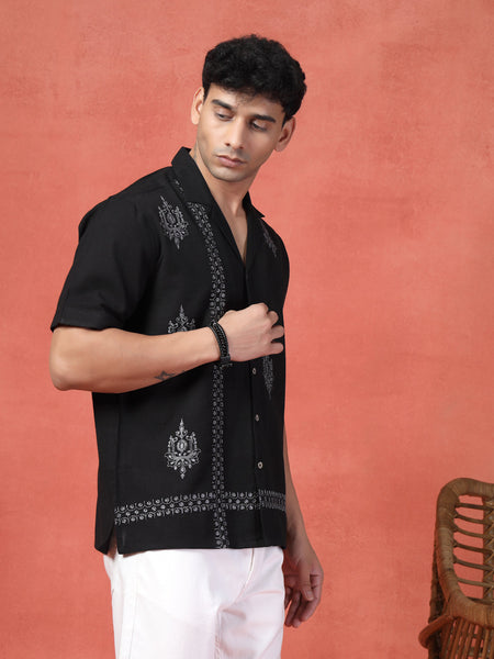 Men's Black Color Embroidered Cotton Cubans Collar Shirt