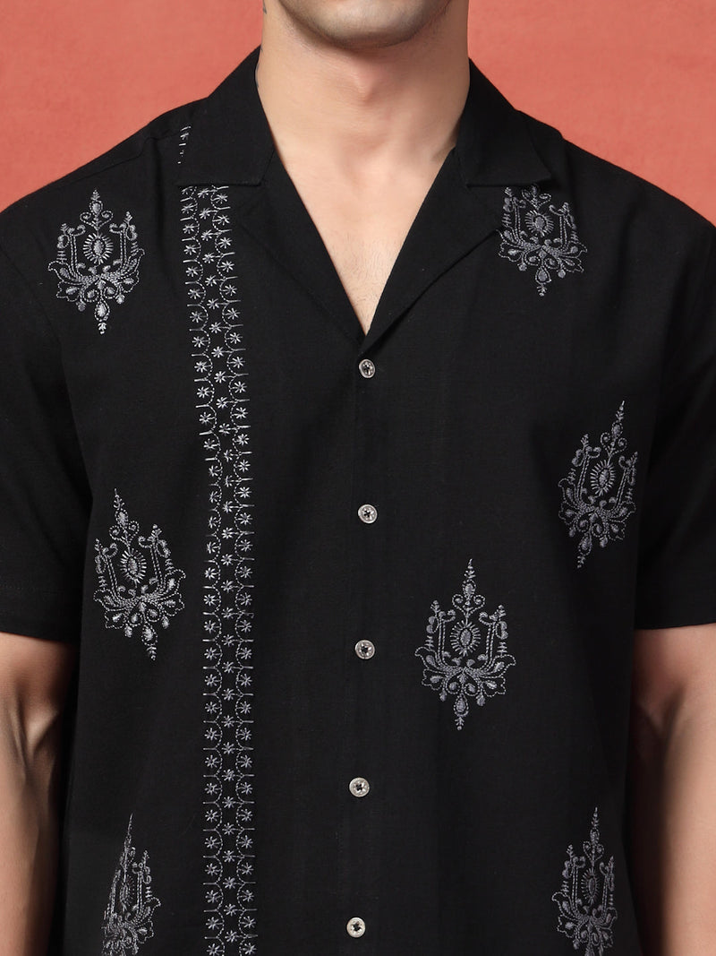 Men's Black Color Embroidered Cotton Cubans Collar Shirt