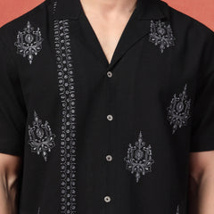 Men's Black Color Embroidered Cotton Cubans Collar Shirt