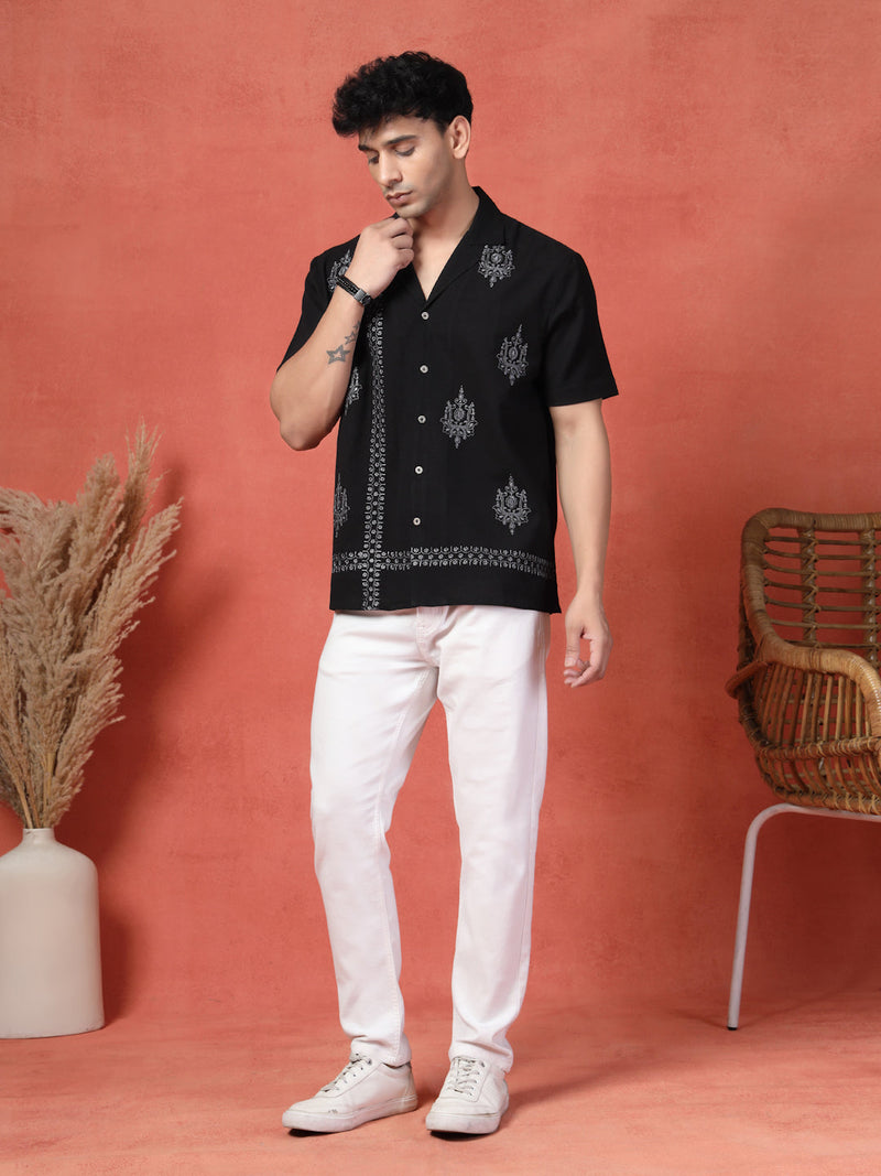 Men's Black Color Embroidered Cotton Cubans Collar Shirt