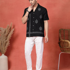 Men's Black Color Embroidered Cotton Cubans Collar Shirt
