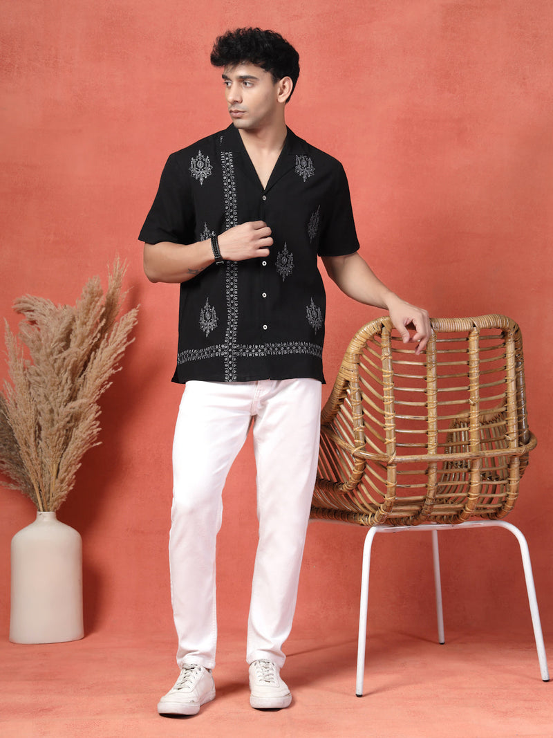Men's Black Color Embroidered Cotton Cubans Collar Shirt