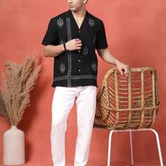 Men's Black Color Embroidered Cotton Cubans Collar Shirt