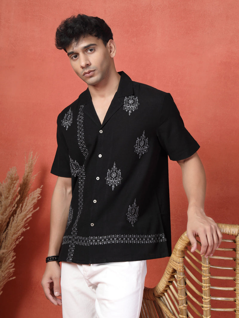 Men's Black Color Embroidered Cotton Cubans Collar Shirt