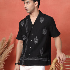 Men's Black Color Embroidered Cotton Cubans Collar Shirt