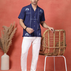Men's Blue Color Embroidery Cotton Half Seleev Shirt