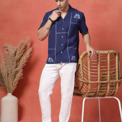 Men's Blue Color Embroidery Cotton Half Seleev Shirt