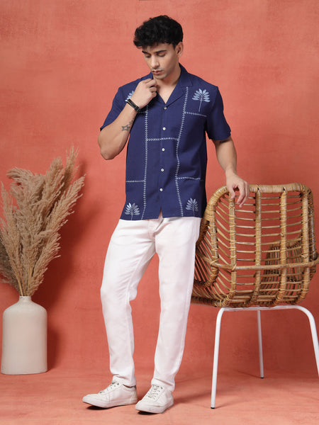 Men's Blue Color Embroidery Cotton Half Seleev Shirt