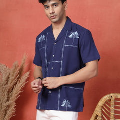 Men's Blue Color Embroidery Cotton Half Seleev Shirt