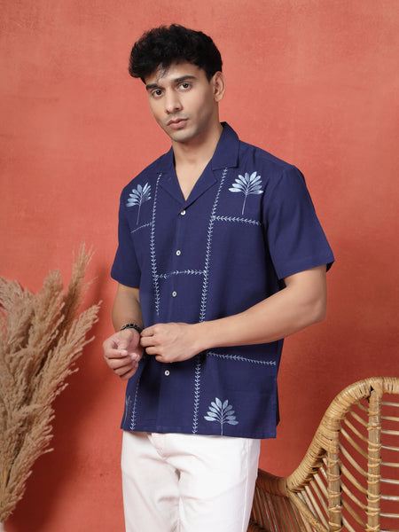 Men's Blue Color Embroidery Cotton Half Seleev Shirt