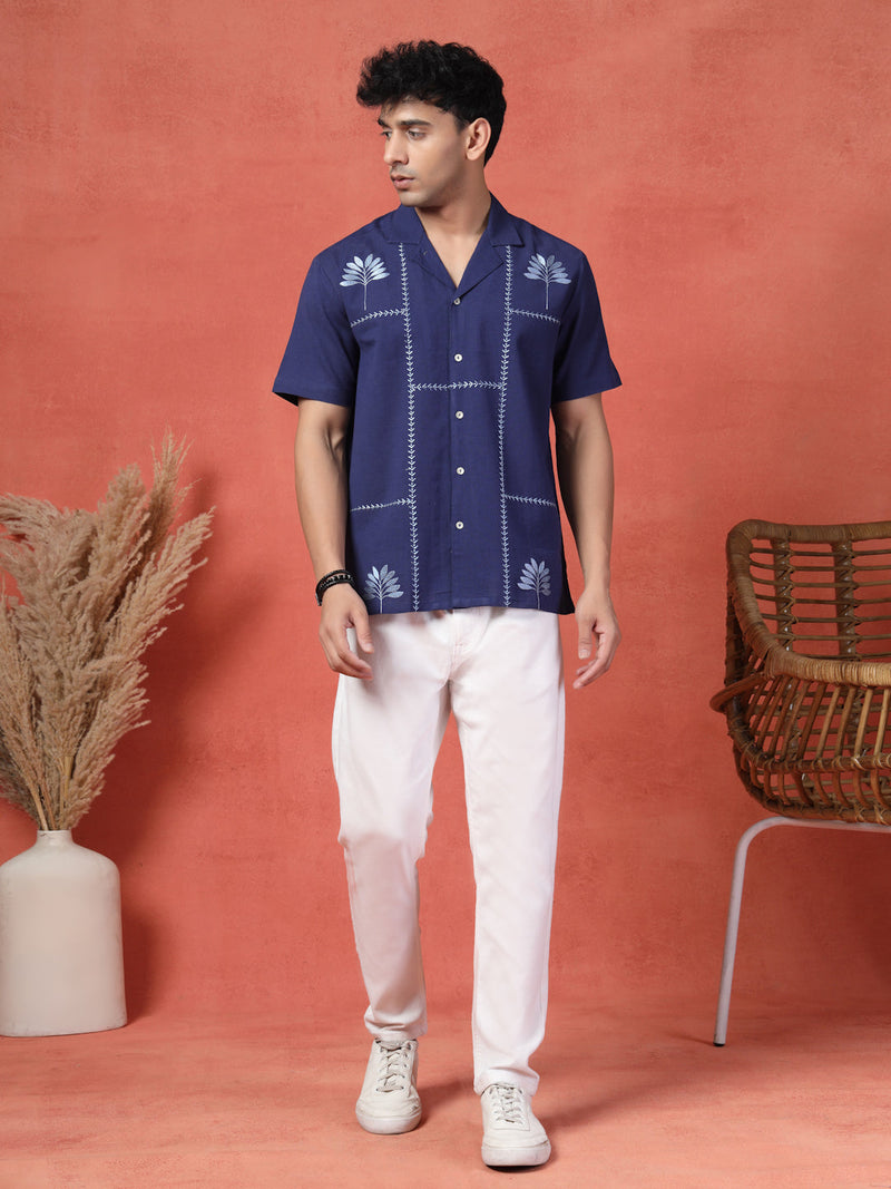Men's Blue Color Embroidery Cotton Half Seleev Shirt