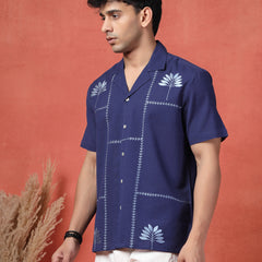 Men's Blue Color Embroidery Cotton Half Seleev Shirt