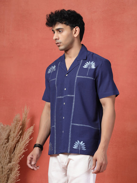 Men's Blue Color Embroidery Cotton Half Seleev Shirt
