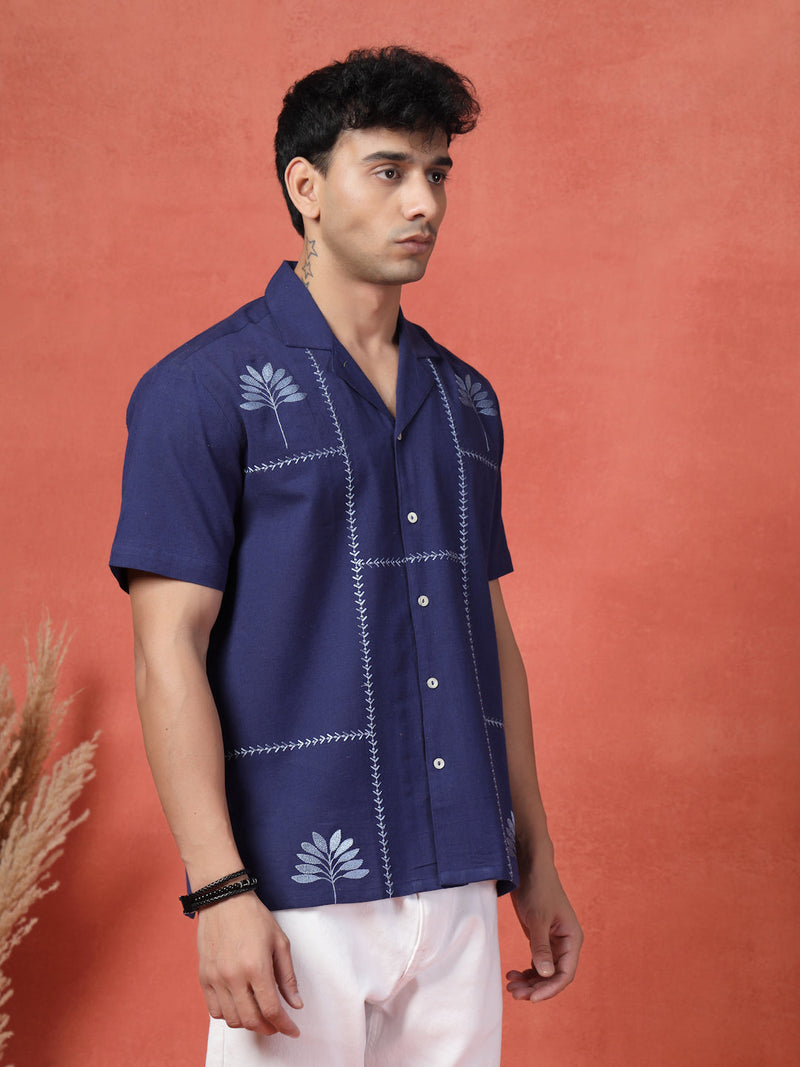 Men's Blue Color Embroidery Cotton Half Seleev Shirt
