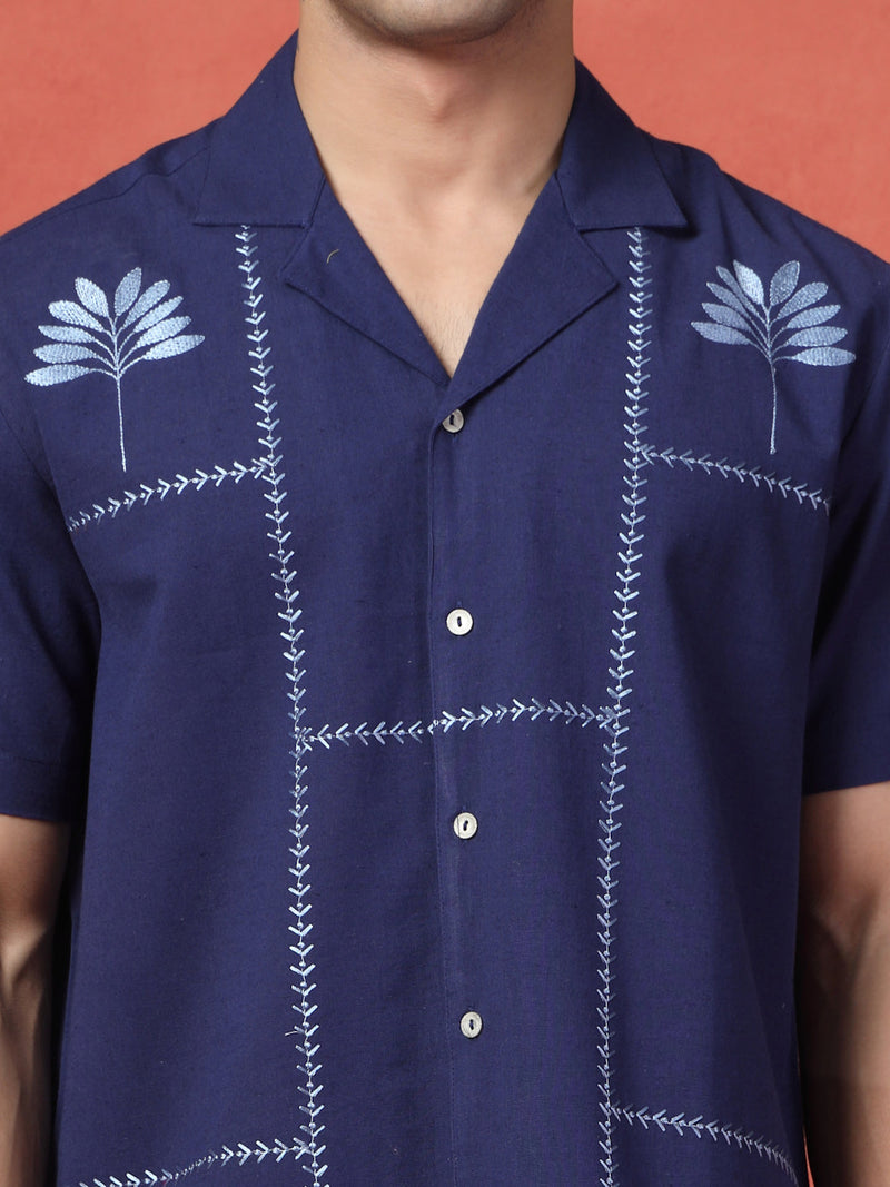 Men's Blue Color Embroidery Cotton Half Seleev Shirt