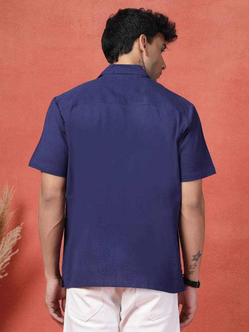 Men's Blue Color Embroidery Cotton Half Seleev Shirt