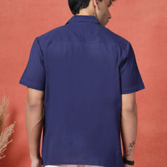 Men's Blue Color Embroidery Cotton Half Seleev Shirt