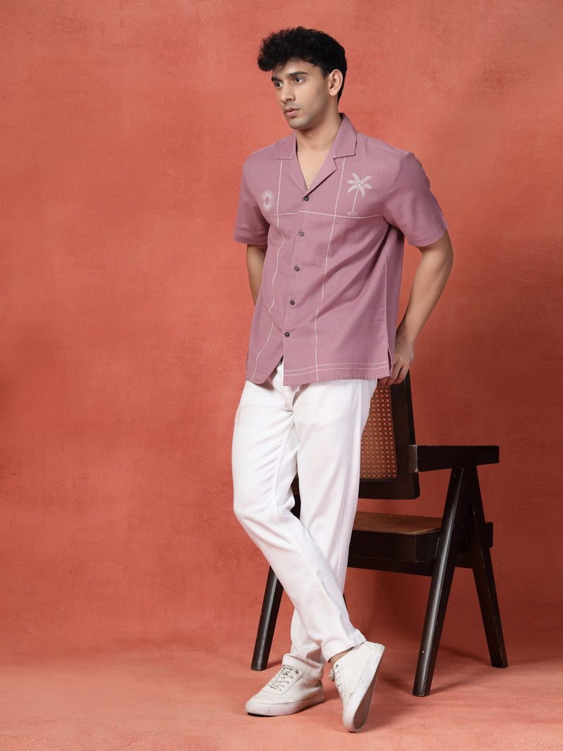 Men's Mauve Color Embroidered Cotton Cubans Collar Shirt