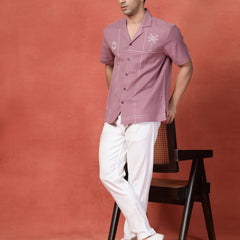 Men's Mauve Color Embroidered Cotton Cubans Collar Shirt