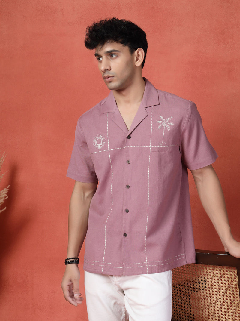 Men's Mauve Color Embroidered Cotton Cubans Collar Shirt