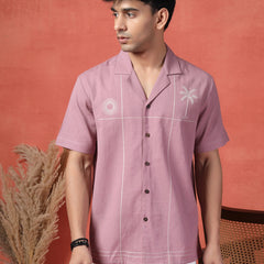 Men's Mauve Color Embroidered Cotton Cubans Collar Shirt