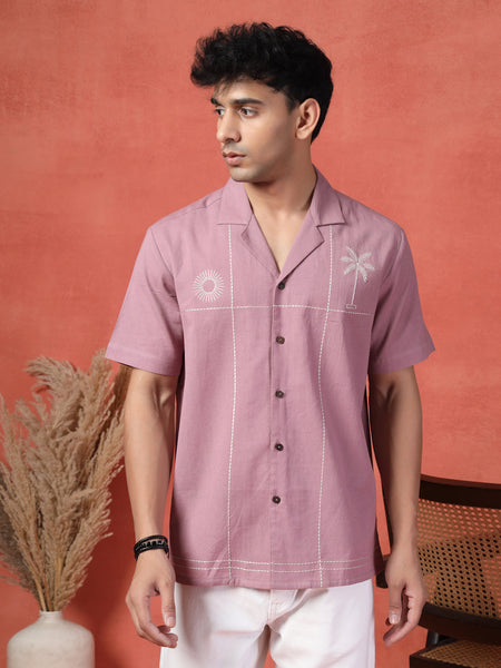 Men's Mauve Color Embroidered Cotton Cubans Collar Shirt