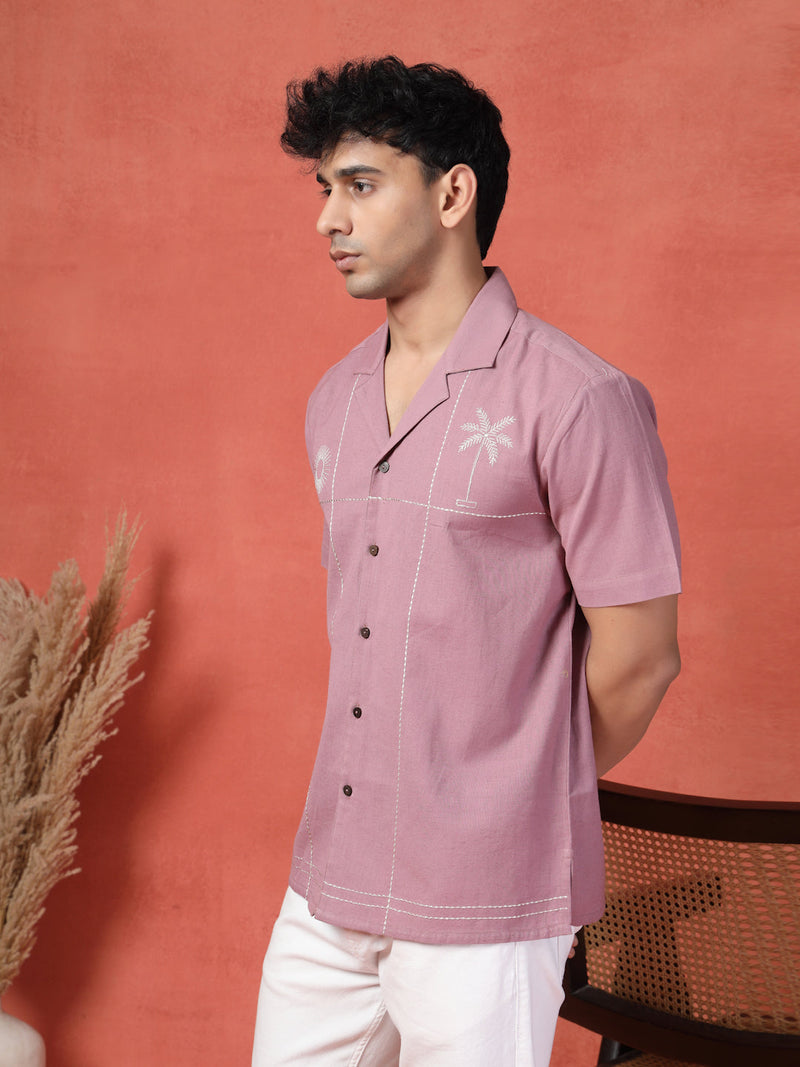 Men's Mauve Color Embroidered Cotton Cubans Collar Shirt