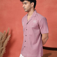 Men's Mauve Color Embroidered Cotton Cubans Collar Shirt
