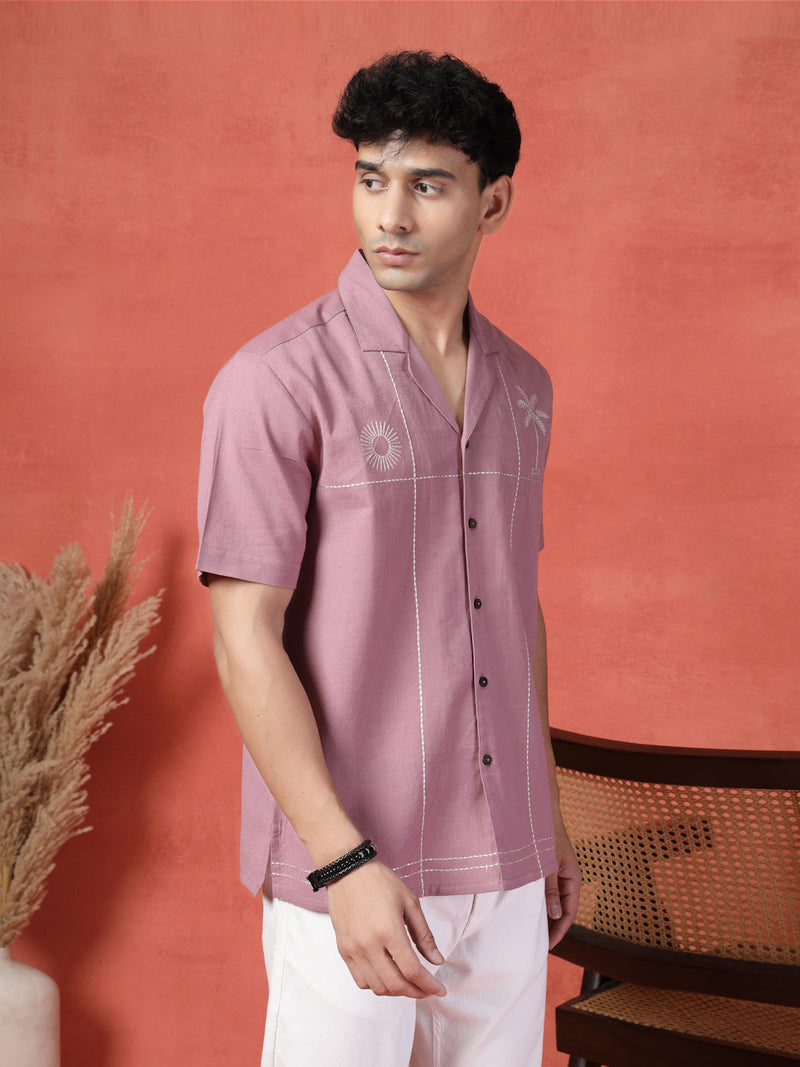 Men's Mauve Color Embroidered Cotton Cubans Collar Shirt