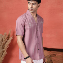 Men's Mauve Color Embroidered Cotton Cubans Collar Shirt