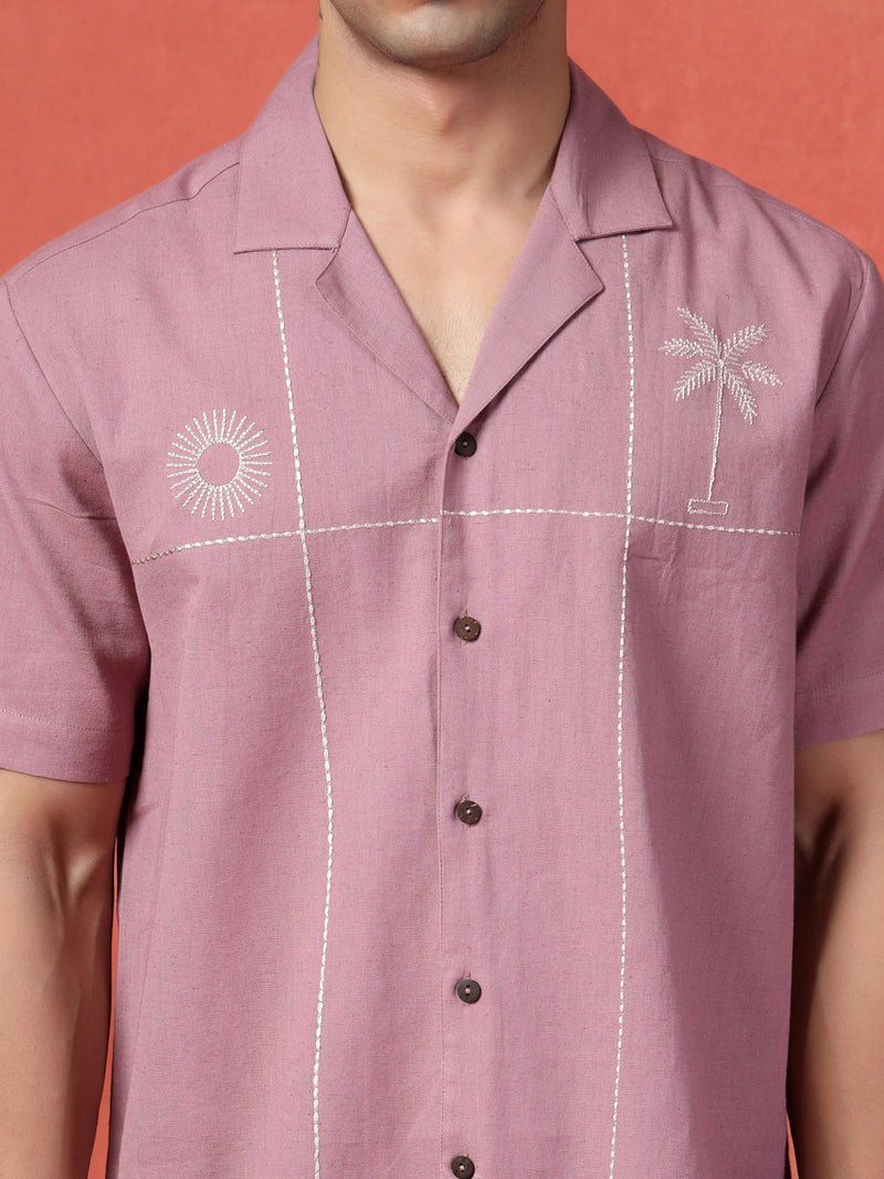 Men's Mauve Color Embroidered Cotton Cubans Collar Shirt