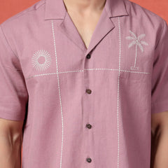 Men's Mauve Color Embroidered Cotton Cubans Collar Shirt