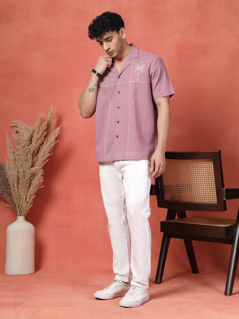 Men's Mauve Color Embroidered Cotton Cubans Collar Shirt