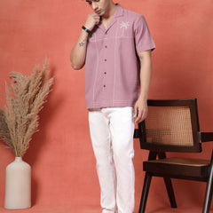Men's Mauve Color Embroidered Cotton Cubans Collar Shirt