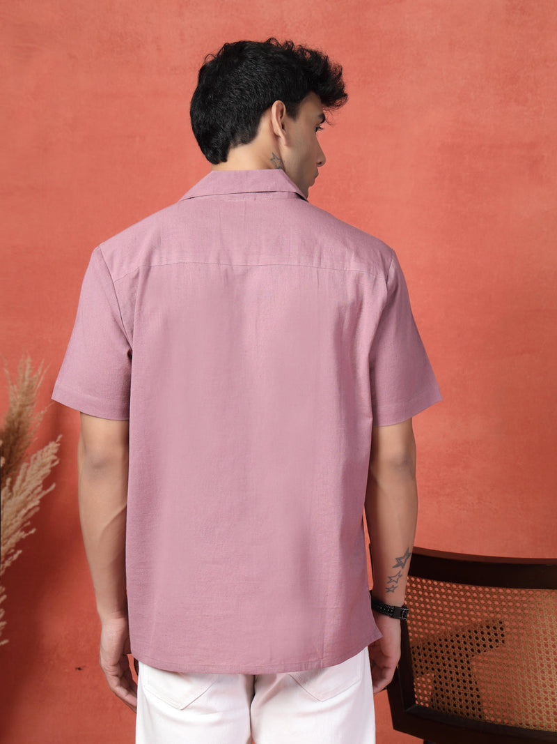 Men's Mauve Color Embroidered Cotton Cubans Collar Shirt