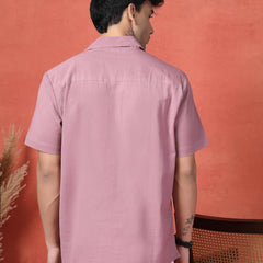 Men's Mauve Color Embroidered Cotton Cubans Collar Shirt