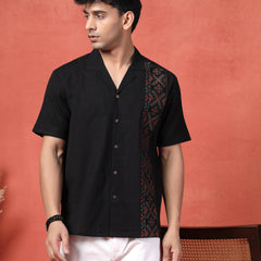 Men's Black Color Embroidered Cotton Cubans Collar Shirt