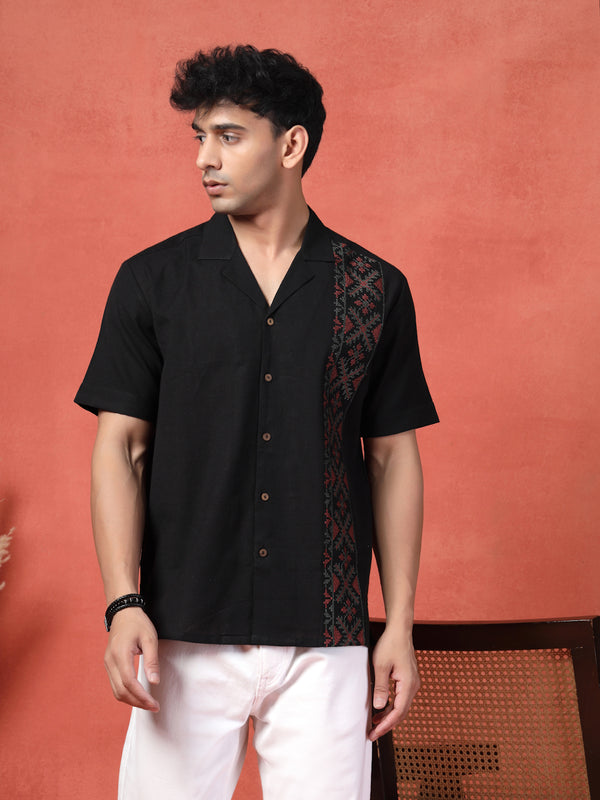 Men's Black Color Embroidered Cotton Cubans Collar Shirt