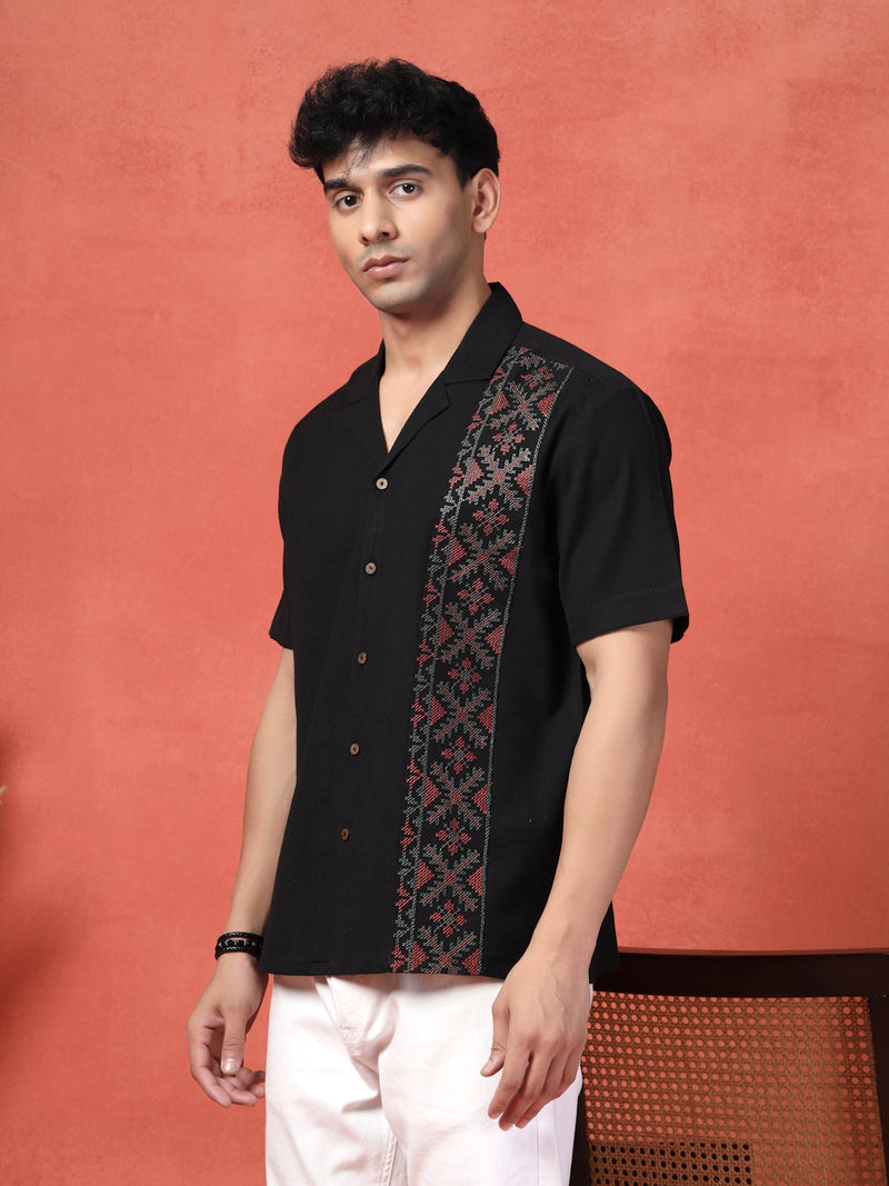 Men's Black Color Embroidered Cotton Cubans Collar Shirt
