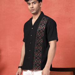 Men's Black Color Embroidered Cotton Cubans Collar Shirt