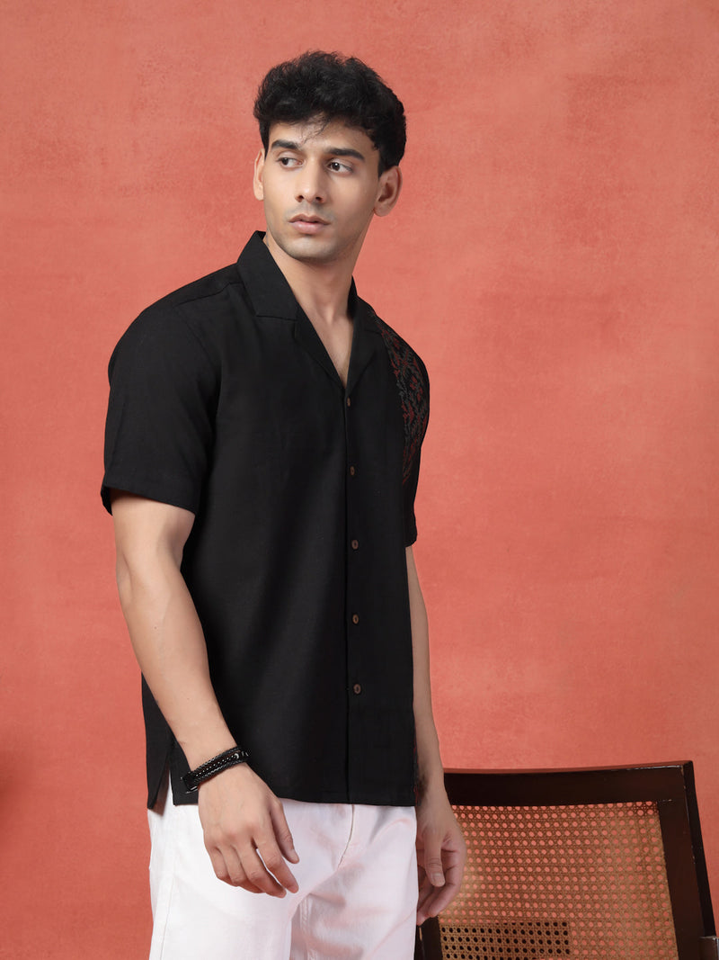 Men's Black Color Embroidered Cotton Cubans Collar Shirt