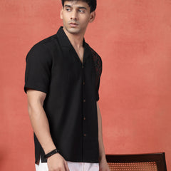 Men's Black Color Embroidered Cotton Cubans Collar Shirt